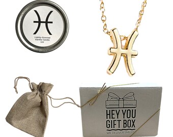 Pisces Zodiac Present, Pisces Necklace, Pisces Candle Gift For Birthday, Pisces Gift Basket, Pisces Gold Zodiac Necklace, Pisces Gift Box