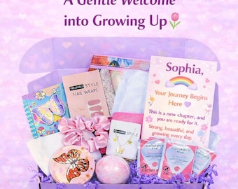 Kit para la primera menstruación de tu hija, paquete de cuidado para adolescentes, caja de regalo para la pubertad, regalo para preadolescentes, kit de artículos esenciales para la primera menstruación.
