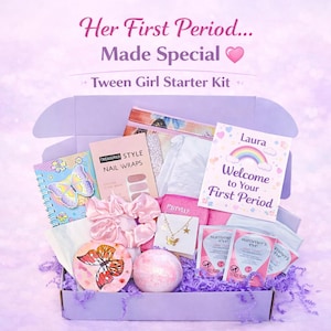 May include: A purple gift box containing a Tween Girl Starter Kit with a notebook featuring a butterfly, nail wraps, a pink scrunchie, a gold butterfly necklace, a bath bomb, Summer's Eve wipes, and a card that reads Laura Welcome to Your First Period.
