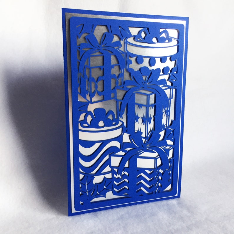 Metallic Silver Presents Christmas card christmas cards greeting cards holiday cards handmade card shiny christmas card gifts blue presents