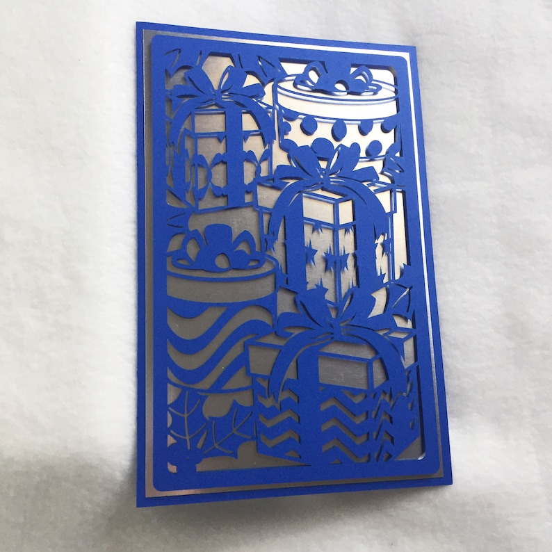 Metallic Silver Presents Christmas card christmas cards greeting cards holiday cards handmade card shiny christmas card gifts blue presents