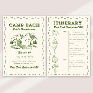 CAMP BACH Einladungskarte | Kabine einladen | Canva Vorlage | Camping Junggesellinnenabschied | 5x7 einladen | Digitaler Brautjungfer Wochenendtrip