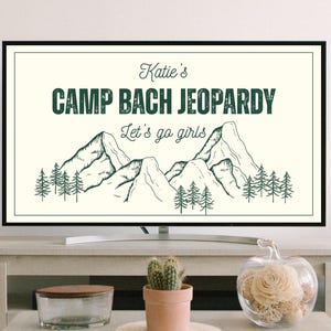 CAMP BACH JEOPARDY | Möhippa-spel | Camping Bach Weekend Party Trivia | Anpassad redigerbar spelmall | Jeopardy Quiz-spel