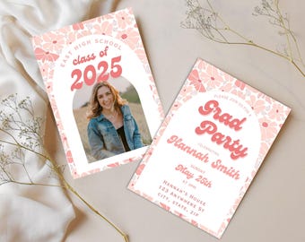 GRADUATION PINK RETRO Invitation | Floral Grad Invite | Canva Template | Editable Printable Invitation | 5x7 | Digital Party Invitation