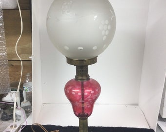 Antique Electrified Cranberry Flash Cut to Clear GWTH Wind style Globe ( Frosted Cut to Clear ) Laurel W/Grape Pattern 25 3/4” Tall