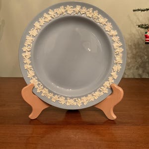 May include: A light blue plate with a cream-colored floral border, displayed on a wooden stand. The plate has a glossy finish and a slightly recessed center. The floral design is a repeating pattern around the rim.