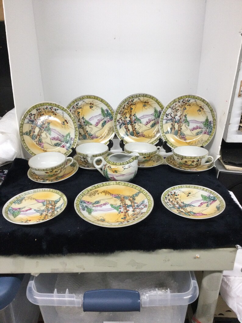 Antique Japanese Luncheon Tea Set Fine Porcelain China Hills and Forest ...