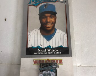 Florida Marlins Baseball Card and 3D Hat/Lapel Pin Nigel Wilson First Catch
