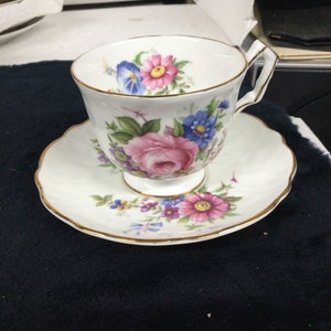 Antique Aynsley Bone China White Gold Trim Pink and Blue Flowers Teacup and Saucer
