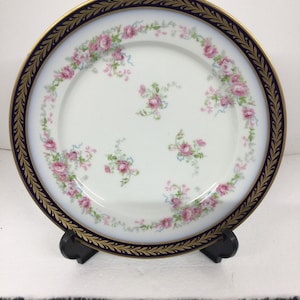 Antique Wm Guerin & Co Limoges France Luncheon Plate Gold Laurel over Black Rim Flora pattern