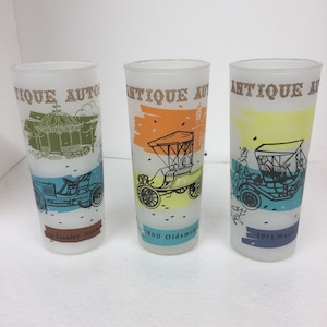 Antique Auto Frosted Glass 16oz ( 3 )Iced Tea Tumblers