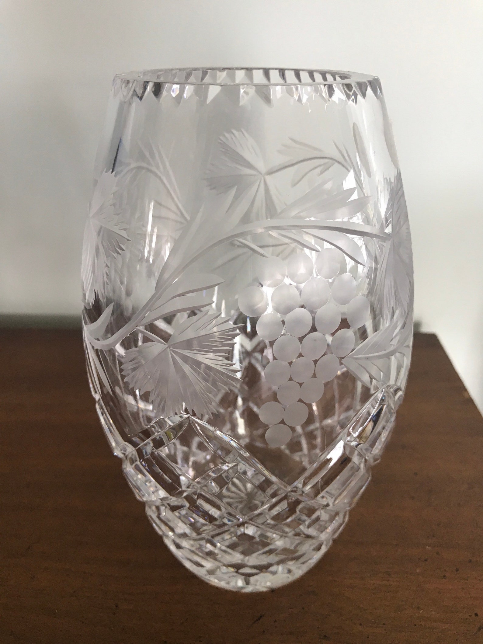 Poland Crystal Barrel Vase Argyle Cut with etched Leaves & Etsy