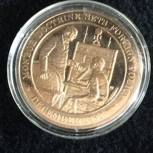 Vintage Franklin Mint Bronze Token Geschiedenis van de Verenigde Staten ingekapseld bewijs "Monroe-doctrine bepaalt buitenlands beleid 1823"