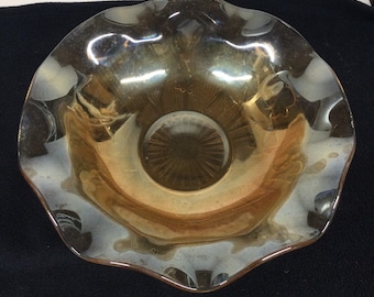 Vintage Jeannette Iris Herringbone Iridescent Fruit Bowl Ruffled Edge Amber Gold Carnival Glass  11.25” W 3.25” T