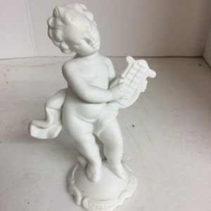 White Porcelain Cherub with a Harp 6” 5771 Germany Brown backstamp