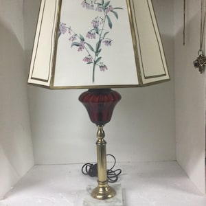 Antique Ruby Red Glass and Gray Marble Base Lamp  22 1/2” Tall