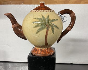 Vintage FIB Burton & BurtonPalm Tree Ceramic Teapot Tropical Beach Decor ( circ 1980 )