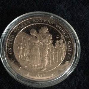 Vintage Franklin Mint Bronze Token Geschiedenis van de Verenigde Staten ingekapseld bewijs &quot;Verenigde Staten betreden Wereldoorlog I 1917&quot;