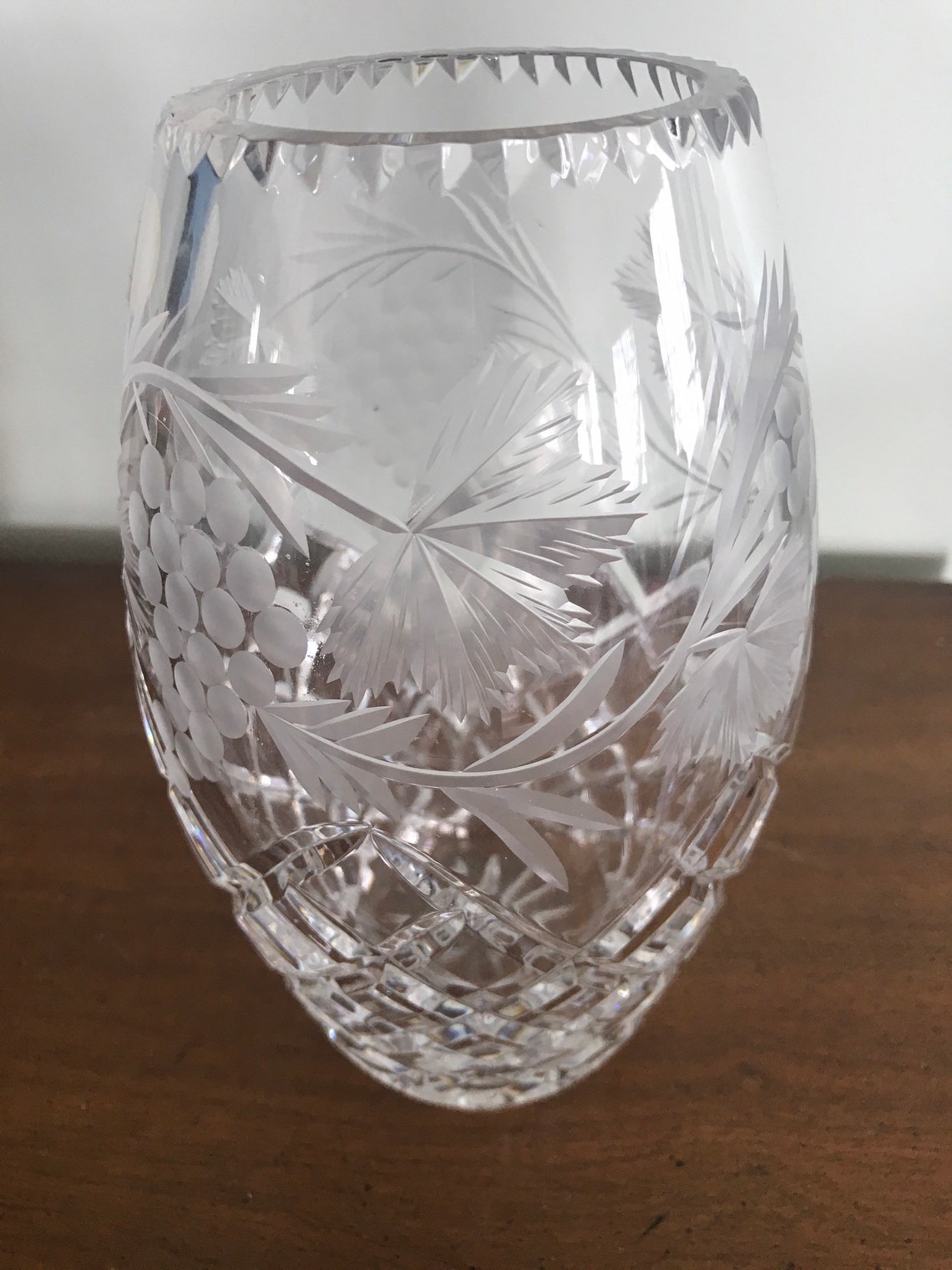 Poland Crystal Barrel Vase Argyle Cut with etched Leaves & Etsy