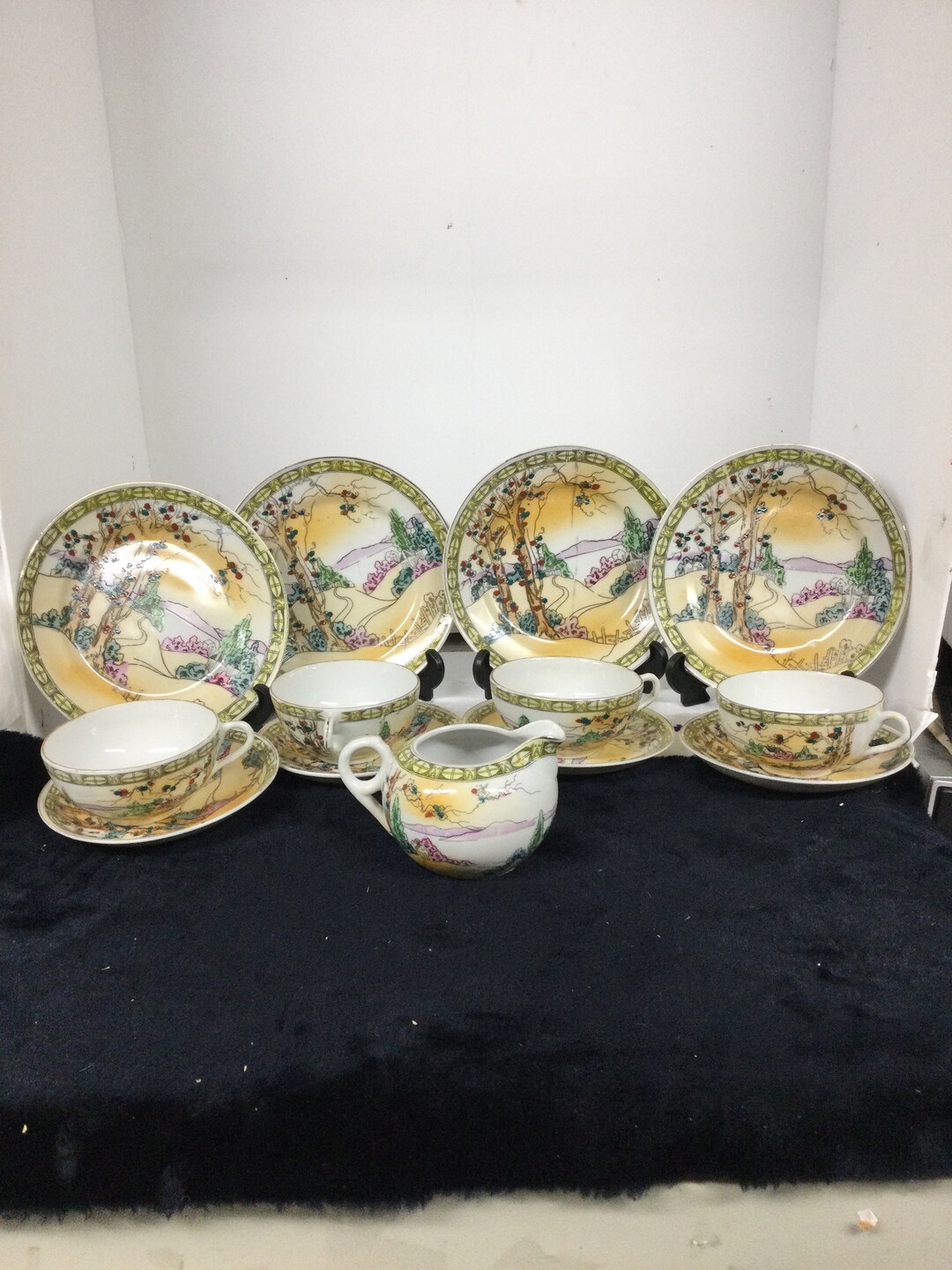 Antique Japanese Luncheon Tea Set Fine Porcelain China Hills and Forest ...