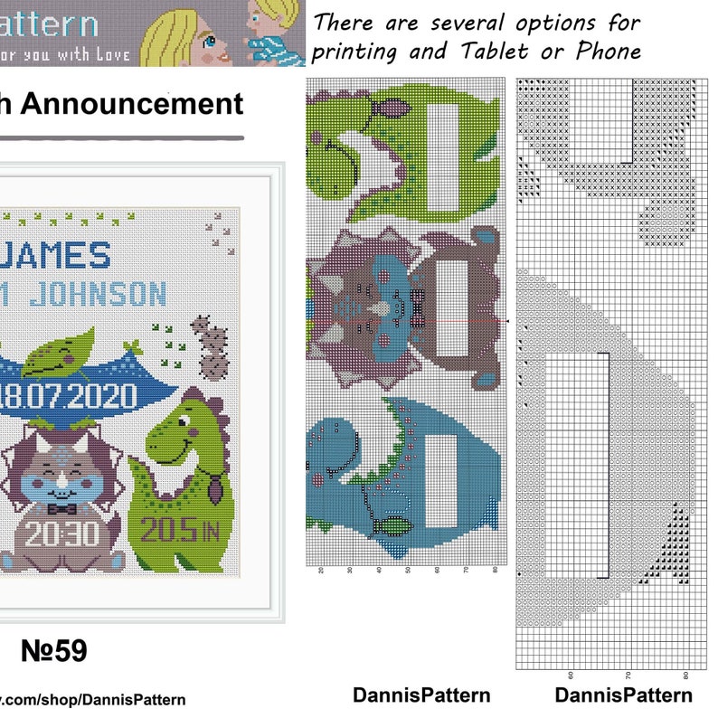 Birth announcement Dinosaur 59 modern cross stitch pattern Etsy France