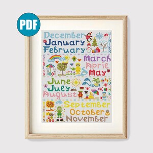 Seasons and Months modern cross stitch pattern pdf Four Seasons Tree cross stitch Rainbow Winter Spring Summer Autumn Nursery cross stitch