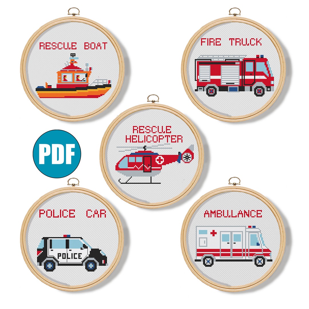 Set of 5 Cars Modern Cross Stitch for a Boy Transportation Kids Decor