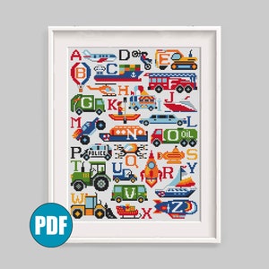 Baby cross stitch pattern pdf Cars Alphabet #50 Baby Nursery cross stitch Car Truck Tractor Excavator Balloon Submarine Easy cross stitch