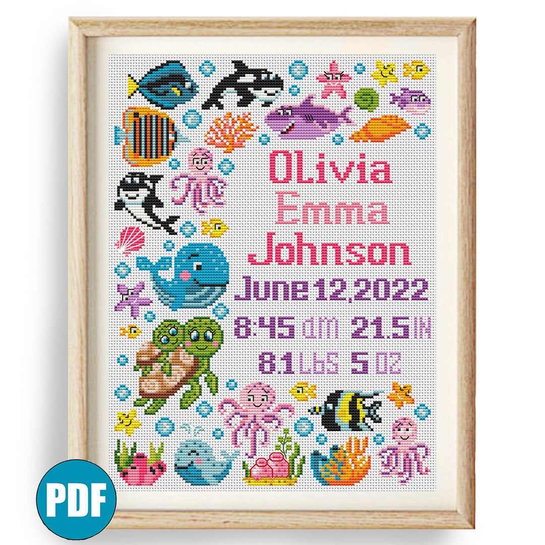 Sea Animals Birth Announcement Cross Stitch Pattern Pdf 165 Etsy