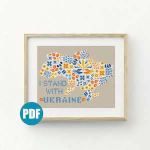 Floral Map of Ukraine cross stitch pattern pdf I stand with Ukraine Plants cross stitch Map of Ukraine Blue and Yellow Floral cross stitch