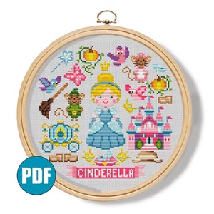 Cinderella cross stitch pattern pdf #128 Cinderellas castle cross stitch Girls room decor Pumpkin cross stitch Cinderella fairytale DIY gift