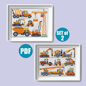 Construction trucks Set of 2 modern cross stitch pattern pdf, Toddler room decor, Construction cross stitch pattern, Crane truck, Excavator