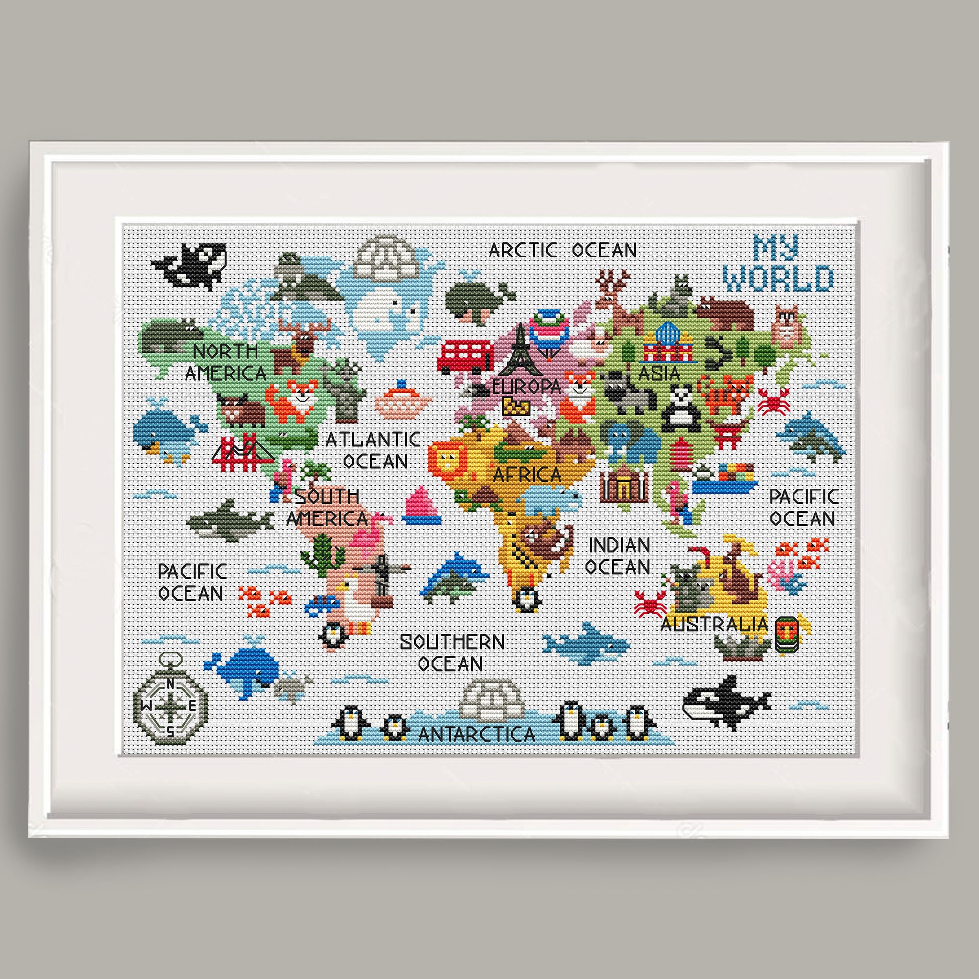 World map for kids modern cross stitch pdf pattern 96 Wild Etsy