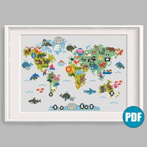 Animal world map modern cross stitch pattern pdf #53 Nursery Decor Map Children Room Decor Animal cross stitch World map for kids DIY Gift