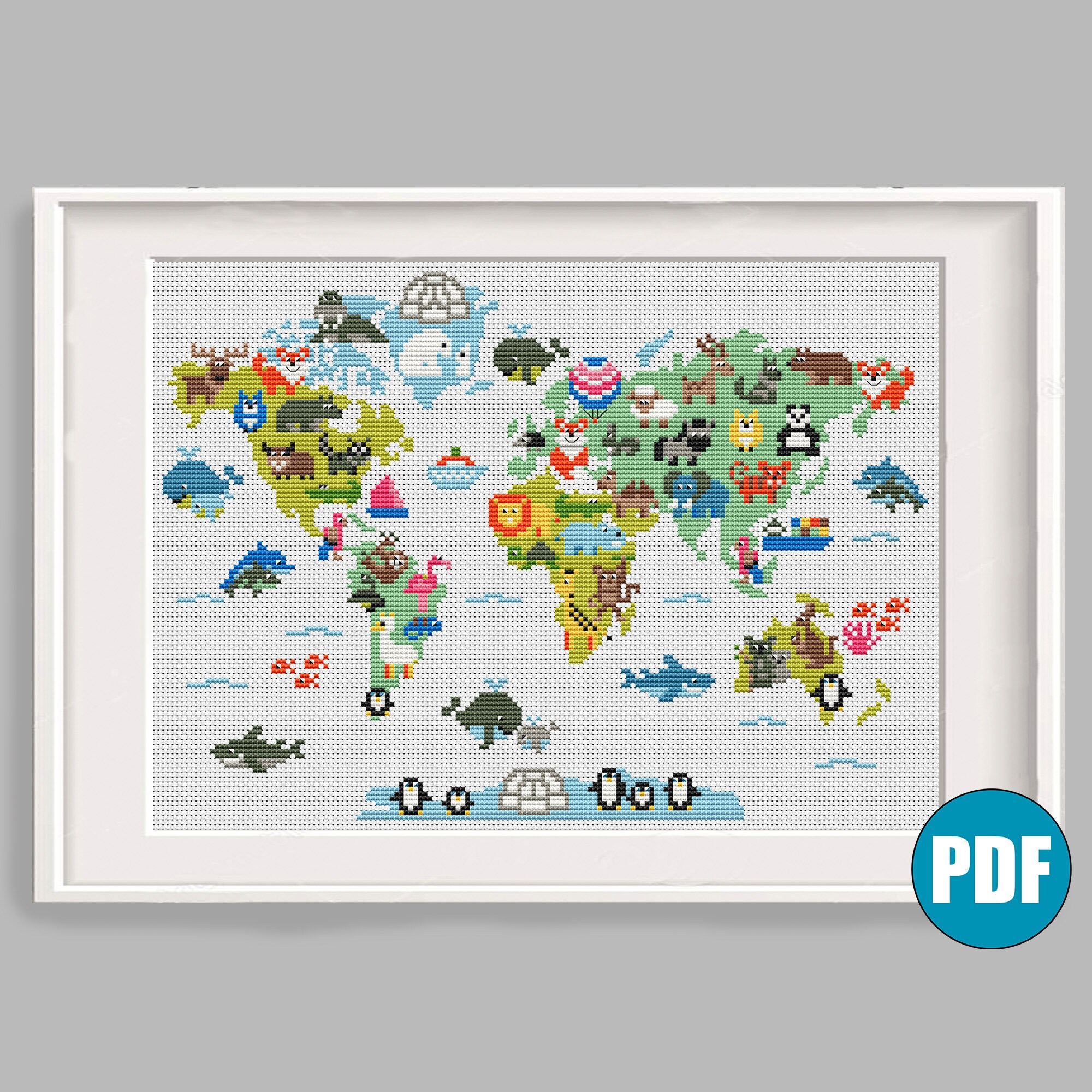 Animal world map modern cross stitch pattern pdf 53 Nursery Etsy