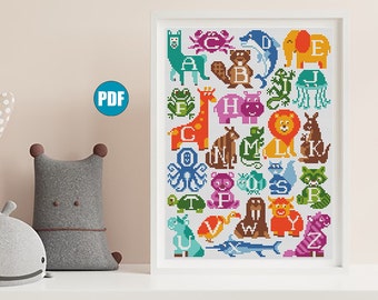 Baby cross stitch pattern #35 Animals Alphabet cross stitch pattern, Nursery cross stitch, Funny cross stitch, Elephant giraffe lion nursery
