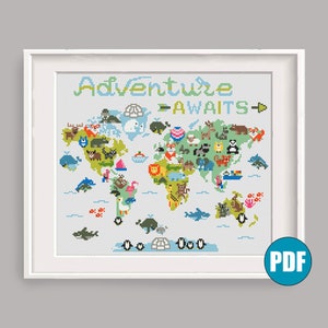 Animal World Map Adventure Awaits cross stitch pattern pdf #53 Childrens Room Decor Nursery Map Animal Cross Stitch pdf Digital Download pdf