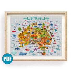 Australia Animal map cross stitch pattern pdf #151 Animal map Australia cross stitch Map of Australia kangaroo Ostrich Great barier reef DIY