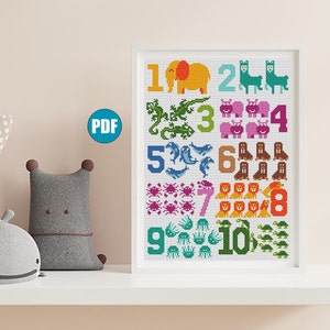 Baby cross stitch pattern pdf #36 Animals numbers, Baby shower Gift, Elephant Frog Giraffe Lion Cross stitch chart, Nursery cross stitch