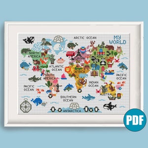 World map for kids modern cross stitch pdf pattern #96 Wild animal cross stitch Africa, Europe, Australia cross stitch, Nursery decor DIY