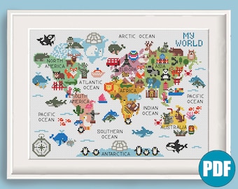 World map for kids modern cross stitch pdf pattern #96 Wild animal cross stitch Africa, Europe, Australia cross stitch, Nursery decor DIY
