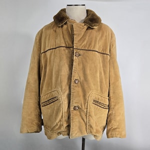 May include: A tan corduroy jacket with a brown faux fur collar and brown trim. The jacket has two front pockets and three buttons down the front. The jacket is displayed on a mannequin.