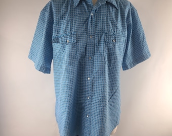 Wrangler Shirt Mens L Blue Green Diamond Print Wrancher Pearl Snap Western short sleeve