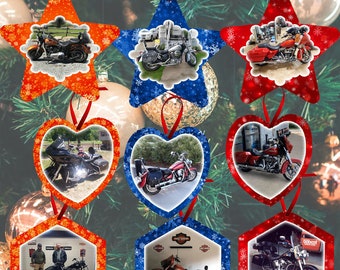 Bike Ornaments - Get your custom photo motorcycle ornament! Snowflake border ornaments - put your bike on the tree!