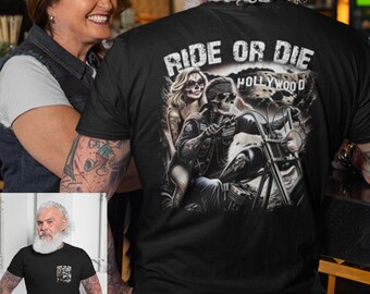 May include: Black t-shirt with a graphic print of a skeleton riding a motorcycle with a woman on the back. The text "Ride or Die" and "Hollywood" are printed on the shirt.