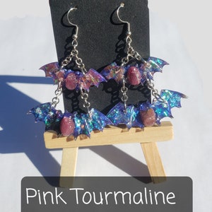 Healing Stone Bat Earrings/ Dangle Earrings/ Stainless Steel Hooks/ Handmade Resin Jewelry