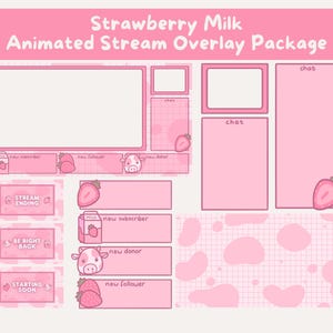 Cute Strawberry Milk Stream Overlay Pack | Pink Cow Aesthetic Streaming Bundle | Animated & Static Scenes, Panels, Alerts, Chat Boxes
