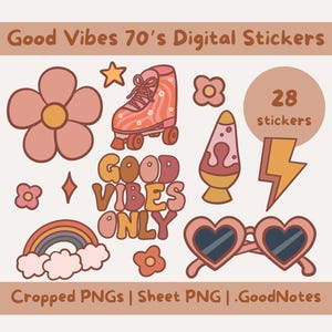 Bonnes vibrations | Ensemble d'autocollants inspirés du style rétro des années 70 | Stickers numériques pour le journal, les agendas et le scrapbooking (PNG 28 x 300 DPI + PDF imprimable)