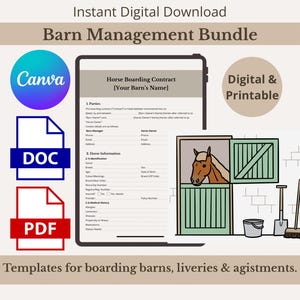 May include: Digital download bundle for barn management, including a horse boarding contract template. The image features a Canva logo, DOC and PDF file icons, and a graphic of a horse in a stable. Text includes "Instant Digital Download" and "Digital & Printable."