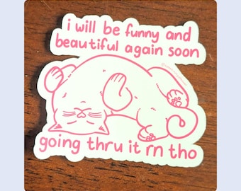 Funny & Beautiful Again Soon Vinyl Kiss-Cut Sticker | Sad Cat Relatable Mental Health Sticker for Laptops, Journals, Water Bottles, Gifts